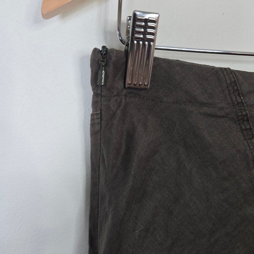 MNG Mango Women Dark Olive Brown 100% Ramie A-Line Midi Skirt Size 6 Side Zip - Picture 3 of 6